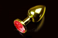 Маленькая золотистая анальная пробка с круглым кончиком и красным кристаллом - 7 см. Арт: 56266